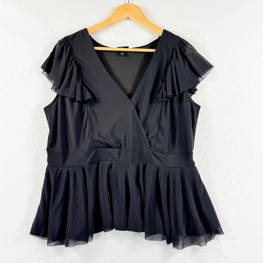 Torrid Peplum Top Womens 2 1X Black Mesh Ruffle Sleeve Goth Romantic Whimsigoth